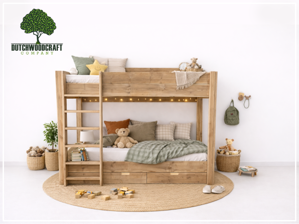 Bunk bed made of reclaimed scaffold wood with two sleeping levels, sturdy and durable design for a child’s bedroom.
